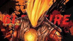  1boy alien artist_name black_background black_skin castlings character_name colored_skin commentary english_commentary english_text fire flaming_head glenfire glowing glowing_chest looking_down male_focus multicolored_skin no_eyes orange_background pectorals red_skin solo splatter_background tokusatsu two-tone_background two-tone_skin ultra_galaxy_(series) ultra_series ultraman_zero_the_movie_choukessen!_belial_ginga_teikoku upper_body 