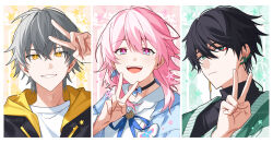  1girl 2boys ahoge alternate_costume black_choker black_hair black_jacket black_sweater blue_bow blue_bowtie blue_eyes blue_jacket blue_ribbon blush border bow bowtie bright_pupils caelus_(honkai:_star_rail) cardigan choker closed_mouth colorful_background commentary cropped_shoulders cropped_torso dan_heng_(honkai:_star_rail) dan_heng_(hunt)_(honkai:_star_rail) earclip earrings eyeliner fingernails flower flower_ornament green_background green_cardigan green_eyes grey_hair hair_between_eyes hand_up honkai:_star_rail honkai_(series) hood hooded_jacket jacket jewelry looking_at_viewer makeup march_7th_(honkai:_star_rail) march_7th_(preservation)_(honkai:_star_rail) multicolored_eyes multiple_boys neck_ribbon open_cardigan open_clothes open_jacket open_mouth oyol55 pink_background pink_eyes pink_hair red_eyeliner ribbon sailor_collar shirt short_hair sidelocks single_earring smile star_(symbol) sweater t-shirt teeth tongue trailblazer_(honkai:_star_rail) turtleneck turtleneck_sweater two-sided_fabric two-sided_jacket untranslatable_commentary v white_border white_flower white_pupils white_shirt yellow_background yellow_jacket 