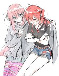  2girls alternate_costume black_shirt blue_eyes blush bocchi_the_rock! closed_eyes coat commentary_request crossed_arms cube_hair_ornament denim denim_shorts gotoh_hitori grey_coat hair_ornament highres kita_ikuyo long_hair multiple_girls open_mouth pink_hair puhen red_hair shirt short_shorts shorts side_ahoge side_ponytail simple_background sweat trembling watch watch white_background yuri 