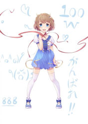  1girl antlers blue_collar blue_eyes blue_shoes blue_skirt blush bow_on_shoes brown_hair collar deer_antlers dress emoticons full_body gold_ribbon hand_on_own_cheek hand_on_own_face highres horns kano_(utaite) open_mouth red_ribbon ribbon sailor_dress shirt shoes short_hair simple_background skirt smile solo star_(symbol) star_print thigh-highs white_background white_shirt white_thighhighs 