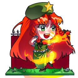 1girl blush braid brick_wall chibi chibi_only chinese_clothes commentary_request dress fence fire grass green_eyes hat hong_meiling iron_fence korean_commentary long_hair lovelobten open_mouth red_hair rock smile star_(symbol) touhou twin_braids white_background 