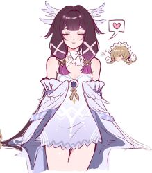  2girls bare_shoulders black_hair blush bonnet bow bowtie brown_hair closed_eyes closed_mouth columbina_(genshin_impact) dress genshin_impact gradient_hair hair_flaps hair_ornament hair_ribbon head_only head_wings headdress heart highres huffing long_hair long_sidelocks multicolored_hair multiple_girls multiple_wings purple_hair purple_streaks ribbon sandrone_(genshin_impact) short_hair_with_long_locks sidelocks simple_background smile spoken_heart streaked_hair tillmeowi two-tone_hair very_long_hair white_background white_dress white_headdress white_wings wing_hair_ornament wings 