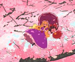  2girls aged_down ascot blonde_hair blush bow breasts brown_eyes brown_hair cherry_blossoms child closed_mouth commentary_request detached_sleeves dress elbow_gloves falling_petals floating flower frilled_bow frilled_hair_tubes frills gloves hair_bow hair_tubes hakurei_reimu hat hat_ribbon highres holding holding_umbrella long_hair mob_cap moyazou_(kitaguni_moyashi_seizoujo) multiple_girls open_mouth outdoors parasol petals pink_flower pink_petals pink_umbrella purple_dress purple_tabard red_bow red_ribbon red_skirt ribbon ribbon-trimmed_sleeves ribbon_trim skirt skirt_set smile tabard touhou umbrella very_long_hair violet_eyes white_gloves yakumo_yukari yellow_ascot 