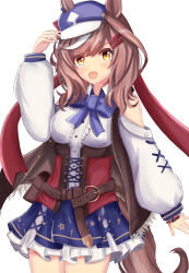  1girl absurdres animal_ears belt_bag blue_bow blue_hat blue_skirt blush bow breasts brown_hair center_frills clothing_cutout commentary_request corset ears_through_headwear frills hair_ornament hairclip hat highres horse_ears horse_girl horse_tail imoyama_01 looking_at_viewer matikanetannhauser_(clippety-tippety-clop)_(umamusume) matikanetannhauser_(umamusume) medium_breasts medium_hair multicolored_hair newsboy_cap open_mouth parallel_hairclips red_corset shirt shoulder_cutout simple_background skirt smile solo streaked_hair tail tilted_headwear umamusume white_shirt white_skirt yellow_eyes 