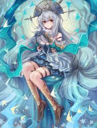  1girl 3_(sanyako1) absurdres arknights bare_shoulders black_gloves blue_dress boots brown_boots dress gloves grey_hair highres layered_dress long_hair looking_at_viewer low-tied_long_hair red_eyes skadi_(arknights) skadi_the_corrupting_heart_(arknights) skadi_the_corrupting_heart_(sublimation)_(arknights) solo thigh_strap very_long_hair white_dress 