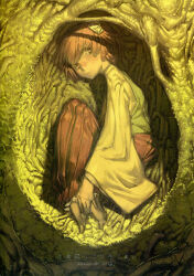  1girl absurdres chomoran cover cover_page doujin_cover from_side hair_ornament hakama hakama_skirt hieda_no_akyuu highres japanese_clothes kimono long_sleeves looking_at_viewer looking_to_the_side lying moss on_ground on_side pink_eyes pink_hair plant_roots short_hair skirt solo touhou translation_request 