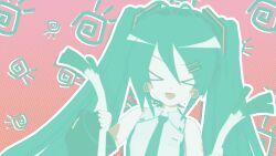  >_< 1girl 3d :d absurdres animasa_model_(mikumikudance) antenna_hair aqua_hair bare_shoulders detached_sleeves fang food hair_between_eyes hair_ornament halftone hatsune_miku highres holding holding_food holding_spring_onion holding_vegetable ievan_polkka_(vocaloid) kio_(majin_kz) leekspin_(meme) long_hair meme mikumikudance_(medium) necktie open_mouth outline pastel_colors shirt skin_fang sleeveless sleeveless_shirt smile spring_onion twintails variant_set vegetable very_long_hair vocaloid white_outline 