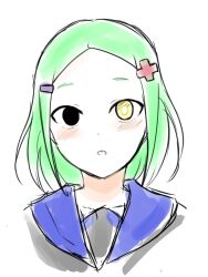  1girl 9rimson black_eyes blue_sailor_collar blush commentary_request cropped_shoulders forehead green_hair hair_ornament heterochromia highres looking_at_viewer minus_sign open_mouth original plus_sign sailor_collar sharp_teeth short_hair simple_background sketch solo teeth white_background yellow_eyes 