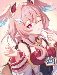  1girl aomo breasts closed_mouth commentary detached_sleeves genshin_impact hair_between_eyes hands_up head_wings heart heart-shaped_pupils highres linnea_(genshin_impact) long_sleeves looking_at_viewer pink_hair pointing pointing_at_self red_eyes sleeveless smile solo symbol-shaped_pupils upper_body wings 