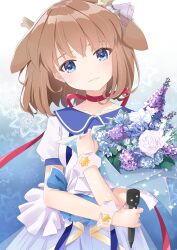  1girl antlers blue_collar blue_eyes blue_flower blurry blush bokeh bouquet brown_hair choker closed_mouth collar commentary deer_antlers depth_of_field dress english_commentary expressionless flower hair_ornament highres holding holding_bouquet horns indie_utaite kano_(utaite) lavender_(flower) miyuacc purple_flower red_choker red_ribbon ribbon rose sailor_dress shirt short_hair snowflake_background solo star_(symbol) star_hair_ornament upper_body utaite white_flower white_rose white_shirt 