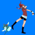  1girl bandana blue_background blue_eyes brown_eyes brown_hair gloves haruka_(pokemon) holding holding_poke_ball kirlia odamaki_sapphire poke_ball pokemon pokemon_(creature) simple_background socks wp3 