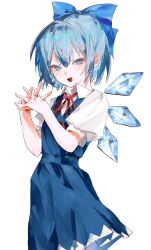  1girl 5swcf1iy8k31657 blue_bow blue_dress blue_eyes blue_hair bow cirno collared_shirt commentary_request detached_wings dress hair_bow highres ice ice_wings interlocked_fingers looking_at_viewer neck_ribbon open_mouth own_hands_together puffy_short_sleeves puffy_sleeves pure_literature_cirno red_ribbon ribbon shirt short_hair short_sleeves simple_background smile solo touhou white_background white_shirt wings 