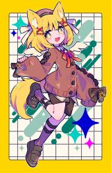  1girl :d absurdres animal_ear_fluff animal_ears blonde_hair blush border bright_pupils brown_cardigan brown_hat brown_shoes brown_socks buttons cardigan character_request commentary_request commission copyright_request fox_ears fox_girl fox_tail full_body grid_background hair_ornament hairclip hand_up hat highres honoca6190 loafers long_sleeves looking_at_viewer neck_ribbon open_mouth outline outside_border red_ribbon ribbed_socks ribbon school_uniform shoes short_hair skeb_commission sleeves_past_wrists smile socks solo standing standing_on_one_leg tail white_background white_outline white_pupils x_hair_ornament yellow_border yellow_eyes 