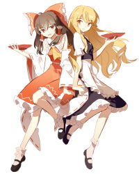  2girls absurdres apron ascot black_shoes black_skirt black_vest blonde_hair bow brown_hair chinese_commentary closed_mouth commentary_request cup detached_sleeves frilled_bow frilled_hair_tubes frilled_skirt frills full_body hair_bow hair_tubes hakurei_reimu highres holding holding_cup kirisame_marisa long_hair mary_janes missing_headwear multiple_girls myth_zhitangdian open_mouth red_bow red_eyes red_skirt ribbon-trimmed_sleeves ribbon_trim sakazuki shoes simple_background skirt skirt_set smile socks touhou very_long_hair vest waist_apron white_apron white_background white_socks yellow_ascot 