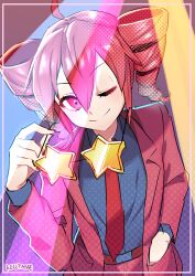  1girl ahoge belt blue_shirt commentary_request drill_hair hair_between_eyes hand_in_pocket highres holding holding_removed_eyewear jacket kasane_teto kellymae lapels layered_sleeves liar_dancer_(synthesizer_v) looking_at_viewer notched_lapels official_alternate_costume one_eye_closed red_belt red_eyes red_hair red_jacket red_suit shirt smile solo star-shaped_eyewear star_(symbol) suit suit_jacket synthesizer_v twin_drills unworn_eyewear upper_body utau 