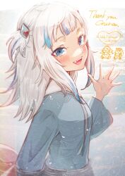  5girls absurdres animal_costume blue_eyes blue_hoodie blue_streaks blunt_bangs blush chibi chibi_inset commentary english_commentary english_text fins fish_tail flat_chest gawr_gura gawr_gura_(1st_costume) grey_hair grin hair_ornament highres hololive hololive_english holomyth hood hoodie iris_(tb33064667) long_sleeves looking_at_viewer looking_to_the_side medium_hair mori_calliope multicolored_hair multiple_girls ninomae_ina'nis open_mouth outdoors shark_costume shark_girl shark_hair_ornament shark_tail sharp_teeth sidelocks smile solo_focus standing streaked_hair tail takanashi_kiara teeth two_side_up upper_teeth_only virtual_youtuber water watson_amelia waving wide_sleeves 