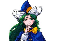  1girl bow capelet commentary_request dress green_eyes green_hair hair_bow hand_on_own_chin hat highres korean_commentary long_hair long_sleeves lovelobten mima_(touhou) necktie pensive ribbon solo sun_symbol touhou touhou_(pc-98) white_background white_bow witch_hat wizard_hat yellow_necktie 