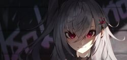  1girl absurdres closed_mouth crown_hair_ornament earrings edwin62293123 eyelashes graffiti grey_hair hair_between_eyes hair_ornament highres hololive hololive_dev_is isaki_riona jewelry light_particles long_hair looking_at_viewer portrait red_eyes sidelighting smile solo virtual_youtuber 