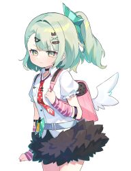  1girl arm_warmers bag bandaid bandaid_hair_ornament black_skirt closed_mouth commentary cowboy_shot english_commentary fur-trimmed_skirt fur_trim green_eyes green_hair hair_intakes hair_ornament heart heart_hair_ornament highres looking_at_viewer miyako_draw multiple_hair_clips necktie pink_arm_warmers pink_bag ponytail red_necktie shirt simple_background skirt solo striped_arm_warmers sunna_(zenless_zone_zero) tearing_up v-shaped_eyebrows white_background white_shirt white_wings winged_bag wings zenless_zone_zero 
