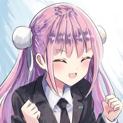  1girl absurdres atnamiret black_necktie black_suit blush closed_mouth double_bun hair_bun heaven_burns_red highres kunimi_tama kunimi_tama_(twilight_memories) long_hair necktie open_mouth pink_hair suit 