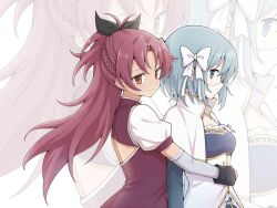  2girls artist_name bandaged_head bandages black_bow blue_eyes blue_hair bow capelet commentary_request couple detached_sleeves dress from_side hair_bow hug hug_from_behind long_hair mahou_shoujo_madoka_magica mahou_shoujo_madoka_magica:_walpurgis_no_kaiten miki_sayaka miki_sayaka_(magical_girl) multiple_girls puffy_short_sleeves puffy_sleeves purigetsu red_dress red_eyes red_hair sakura_kyoko sakura_kyoko_(magical_girl) short_hair short_sleeves smile soul_gem white_bow white_capelet yuri zoom_layer 