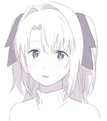  1girl blue_eyes gen14567 greyscale hair_intakes hair_ribbon kamiina_botan kamiina_botan_yoeru_sugata_wa_yuri_no_hana looking_at_viewer monochrome parted_lips ribbon solo spot_color sweater turtleneck turtleneck_sweater two_side_up upper_body 