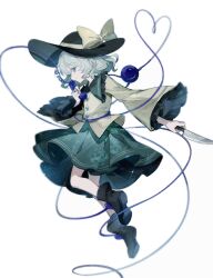  1girl black_hat blouse boots bow buttons chinese_commentary commentary_request diamond_button eyeball floral_print frilled_shirt_collar frilled_sleeves frills green_hair green_skirt hat hat_bow hat_ribbon heart heart_of_string highres holding holding_phone holding_weapon knife koiliblikas komeiji_koishi looking_at_viewer phone ribbon rose_print shirt skirt solo third_eye touhou weapon white_background yellow_bow yellow_ribbon yellow_shirt 