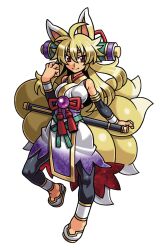  1girl ahoge animal_ears blonde_hair breasts closed_mouth detached_sleeves fox_ears fox_girl fox_tail gold_trim hair_between_eyes hair_ornament harakawa_mitsuhiro izuna_(shinrabanshou) japanese_clothes kimono kitsune kyuubi large_breasts leggings light_smile long_hair multicolored_kimono multiple_tails obi official_art purple_kimono red_eyes sash sheath shinrabanshou shoes solo tail thick_eyebrows third-party_source transparent_background white_kimono white_shoes 