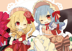 2girls ;d alternate_hair_length_(longer) arm_ribbon bat_wings blonde_hair blue_eyes bonnet bow brown_background commentary_request doily dress fang flandre_scarlet flower gloves hair_bow laevatein_(touhou) long_hair looking_at_viewer multiple_girls one_eye_closed one_side_up open_mouth pink_bonnet pink_dress pink_flower pink_rose purple_flower purple_rose red_bow red_dress red_eyes red_ribbon remilia_scarlet ribbon rose siblings sisters skin_fang smile touhou white_flower white_gloves white_rose wings yaco_(nuitnotte) yellow_bow yellow_flower yellow_rose 