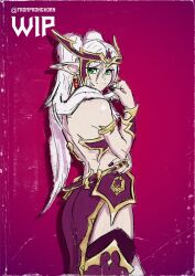  1girl closed_mouth earrings elf frieren from_pronghorn green_eyes highres jewelry long_hair pointy_ears sousou_no_frieren teardrop_earrings twintails warhammer_40k white_hair 