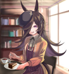  1girl absurdres animal_ears beret black_hat black_ribbon blush book bookshelf breasts brown_hair cake collared_shirt commentary_request cup flipped_hair food fork hair_over_one_eye hat highres holding holding_fork holding_plate horse_ears horse_girl horse_tail indoors jacket kyuusanshiki long_hair long_sleeves looking_at_viewer neck_ribbon open_clothes open_jacket open_mouth plate ribbon rice_shower_(happiness_just_around_the_bend)_(umamusume) rice_shower_(umamusume) saucer shirt sitting skirt small_breasts smile solo striped_clothes striped_skirt striped_vest tail teacup tilted_headwear umamusume vertical-striped_clothes vertical-striped_skirt vertical-striped_vest vest violet_eyes white_shirt 