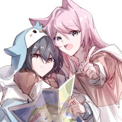  2girls arm_around_neck bang_dream! bang_dream!_it's_mygo!!!!! chihaya_anon closed_mouth commentary grey_eyes grey_hair hair_between_eyes hibioes highres indoors kemonomimi_mode long_sleeves map_(object) multiple_girls open_mouth pink_hair short_hair simple_background takamatsu_tomori untranslatable_commentary violet_eyes white_background 