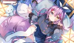  1girl bandaid bandaid_on_cheek bandaid_on_face black_capelet black_choker black_ribbon blue_bow blue_eyes blue_skirt bow capelet cat_hair_ornament choker clover-shaped_pupils commentary commission curled_fingers hair_bow hair_ornament hair_spread_out hairclip hand_up head_bow heart heart_print heripiro heterochromia highres layered_skirt long_hair long_sleeves looking_at_viewer looking_up midriff_peek no_shoes original outstretched_arm paw_ornament pink_hair pleated_skirt polka_dot polka_dot_bow red_bow ribbon sidelocks sitting skeb_commission skirt sleeve_ribbon smile solo stuffed_animal stuffed_octopus stuffed_toy symbol-shaped_pupils thigh-highs white_thighhighs yellow_eyes zettai_ryouiki 