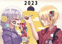  2023 2girls absurdres alternate_costume blonde_hair breasts calligraphy_brush chinese_zodiac closed_eyes commentary_request dated facing_another fang floral_print floral_print_kimono food food_on_head from_side frown fruit fruit_on_head glasses grey_hair grin hair_between_eyes hair_bun hair_ornament hair_over_eyes hand_up hands_up heart heart_of_string heaven_burns_red highres holding holding_calligraphy_brush holding_paintbrush ink_on_face izumi_yuki japanese_clothes kanzashi kayamori_ruka kimono large_breasts leaf_hair_ornament long_hair long_sleeves mandarin_orange multiple_girls narby_(heaven_burns_red) nengajou new_year nose object_on_head open_mouth paintbrush print_kimono purple_kimono red_kimono round_eyewear short_hair simple_background single_hair_bun siromochino smile teeth upper_teeth_only v-shaped_eyebrows white_background wide_sleeves year_of_the_rabbit 