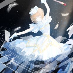  1girl antenna_hair arm_up black_background black_pantyhose blue_boots boots brown_hair cardcaptor_sakura chinese_commentary closed_eyes collared_dress commentary_request crown dot_nose dress expressionless feather-trimmed_dress feathers foot_out_of_frame frilled_dress frills glass_shards gloves hair_intakes hair_through_headwear head_tilt high_collar high_heel_boots high_heels highres holding holding_wand kinomoto_sakura kinomoto_sakura_(clear_wings) knee_up light_particles light_rays magical_girl medium_dress miqing pantyhose parted_lips pleated_dress puffy_short_sleeves puffy_sleeves short_hair short_sleeves sidelocks solo very_short_hair wand white_crown white_dress white_gloves 
