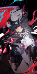  1boy absurdres ashveil_(honkai:_star_rail) black_hair black_pants black_shirt black_shoes chinese_commentary claw_ring commentary_request crescent crescent_pin fedora gloves glowing glowing_eye gradient_hair hat hat_ornament highres honkai:_star_rail honkai_(series) jacket jewelry lapel_pin long_hair male_focus multicolored_hair necklace pants shirt shoes single_glove solo tooth_necklace turtleneck violet_eyes white_gloves white_hair white_hat white_jacket yzleafoff 