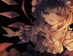  1girl absurdres blonde_hair commentary crystal crystal_wings flandre_scarlet hat highres mob_cap multicolored_wings open_mouth red_eyes red_skirt sharp_teeth side_ponytail skirt smile teeth touhou upper_body utsuro_(kz_hokuto) white_hat wings 