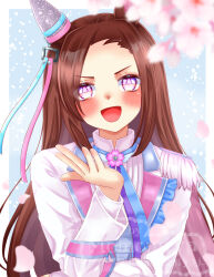  1girl animal_ears blue_ribbon blush brown_hair cape cherry_blossoms commentary_request ear_covers flower flower_in_eye highres horse_ears horse_girl jacket long_hair long_sleeves looking_at_viewer momomiyaj_p official_alternate_costume official_alternate_hairstyle open_mouth pink_cape ribbon sakura_bakushin_o_(swift_runner_of_spring_thunder)_(umamusume) sakura_bakushin_o_(umamusume) shirt single_ear_cover smile solo symbol_in_eye umamusume upper_body white_jacket white_shirt 