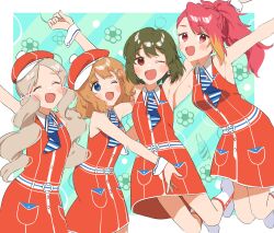  2l_(2lsize) 4girls ;d absurdres aqua_background arms_up blonde_streaks blue_eyes blue_necktie blush border brown_hair closed_eyes collared_dress diagonal-striped_background diagonal-striped_clothes diagonal-striped_necktie dress earrings floral_background flower_symbol green_hair hair_ornament handa_roco hat highres idolmaster idolmaster_million_live! idolmaster_million_live!_theater_days jelly_pop_beans_(idolmaster) jewelry jumping long_hair maihama_ayumu multicolored_hair multiple_girls nagayoshi_subaru necktie official_alternate_costume one_eye_closed open_mouth outside_border pink_eyes pink_hair ponytail red_dress red_eyes red_hat short_hair side-by-side sleeveless sleeveless_dress smile standing streaked_hair striped_background striped_clothes suou_momoko twintails white_border x_hair_ornament 