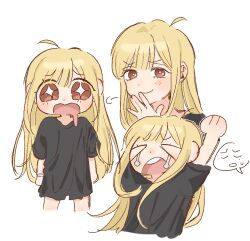  >_< +_+ 1girl ahoge black_shirt blonde_hair bracelet cho_kaguya-hime! cropped_legs cropped_torso crying drooling hand_to_own_mouth jewelry kaguya_(cho_kaguya-hime!) long_hair long_shirt looking_at_viewer mole mole_under_eye multiple_views neeuhn open_mouth red_eyes sakayori_iroha shirt short_sleeves smile streaming_tears tears white_background 