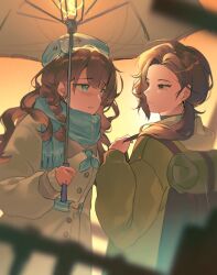  2girls anchor_hat_ornament backpack bag beret blue_eyes blue_hat blue_neckerchief blue_scarf blurry blurry_foreground brown_coat brown_eyes brown_hair coat dress earrings equilibrium_umbrella eye_contact face-to-face greta_hofmann guni_(9guniguni) hat hat_ornament highres hofmann_knot holding holding_umbrella jewelry long_hair looking_at_another low_ponytail marcus_(reverse:1999) mole mole_under_mouth multiple_girls neckerchief orange_background parted_lips ponytail profile reverse:1999 scarf umbrella upper_body white_dress 