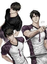  ... 1boy black_hair black_shirt closed_mouth commentary_request haikyuu!! highres korean_commentary looking_at_viewer male_focus multiple_views purple_shorts shiratorizawa_volleyball_uniform shirt short_hair shorts simple_background spoken_ellipsis sportswear sso_s ushijima_wakatoshi volleyball_uniform white_background 