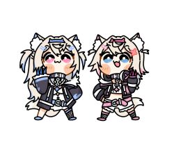  2girls :3 :d alicemuyuki animal_collar animal_ears bandaid bandaid_hair_ornament belt bib_collar black_collar black_jacket blonde_hair blue_belt blue_eyes blue_hairband blue_shoes blue_streaks blush_stickers bright_pupils brown_thighhighs chibi chibi_only claw_(weapon) collar commentary cropped_jacket cropped_shirt crossed_bangs dog_ears dog_girl dog_tail double-parted_bangs dress fake_horns fishnet_socks fishnet_thighhighs fishnets frilled_shorts frills full_body fur-trimmed_jacket fur_trim fuwawa_abyssgard fuwawa_abyssgard_(1st_costume) hair_between_eyes hair_ornament hairband hairclip headphones headphones_around_neck highres hololive hololive_english horn_hairband horns jacket kneehighs long_hair long_sleeves mococo_abyssgard mococo_abyssgard_(1st_costume) multicolored_hair multiple_girls open_mouth over-kneehighs parallel_hairclips pink_belt pink_eyes pink_shoes shirt shoes short_dress short_hair shorts siblings simple_background single_over-kneehigh single_thighhigh sisters smile socks streaked_hair tail thigh-highs twins two_side_up virtual_youtuber weapon white_background white_dress white_pupils white_shirt white_shorts x_hair_ornament 
