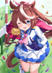  1girl absurdres animal_ears ascot asymmetrical_gloves blue_eyes blue_gloves blush boots breasts brown_hair buttons cape commentary_request confetti double-breasted ear_ribbon epaulettes gloves grass hair_between_eyes highres horse_ears horse_girl horse_tail jacket kurashina_yuzuki long_hair long_sleeves mismatched_gloves multicolored_hair multicolored_jacket one_eye_closed open_mouth outdoors pink_ascot ponytail red_cape running single_epaulette single_hair_streak skirt small_breasts solo streaked_hair tail tokai_teio_(peak_joy)_(umamusume) tokai_teio_(umamusume) two-tone_hair two-tone_jacket two-tone_skirt umamusume white_boots white_gloves white_hair white_jacket white_skirt white_streaks 