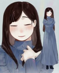  1girl bangs_pinned_back blue_dress blush brown_hair closed_eyes dress full_body hair_ornament hairpin half-closed_eyes highres mole mole_under_eye mole_under_mouth multiple_hairpins original portrait 
