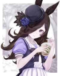  1girl absurdres animal_ears blue_flower blue_hat blue_rose bow breasts brown_hair commentary_request cup disposable_cup flipped_hair flower hair_over_one_eye hat hat_flower highres holding holding_cup horse_ears horse_girl long_hair looking_at_viewer magic_gate parted_lips pleated_skirt puffy_short_sleeves puffy_sleeves purple_bow purple_shirt rice_shower_(umamusume) rose sailor_collar sailor_shirt school_uniform shirt short_sleeves skirt small_breasts smile solo tilted_headwear tracen_school_uniform umamusume violet_eyes white_sailor_collar white_skirt 