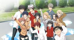  5boys 6+girls ;d arm_up black-framed_eyewear black_hair black_necktie black_pants black_skirt black_socks blazer blonde_hair blue_shirt breasts brown_cardigan brown_hair cardigan chiba_shinichi_(rivnes) closed_mouth commentary_request crossed_arms doumoto_yuuki expressionless glasses gotou_takaya grey_cardigan grey_hair grey_shirt grin hashimoto_minami hat holding_hands horikawa_(rivnes) index_finger_raised inoguchi_noriko jacket kaidou_kasumi kaidou_tetsurou long_hair looking_at_viewer matsuda_satoshi medium_breasts minazuki_makoto_(rivnes) miyako_(rivnes) multiple_boys multiple_girls nanase_shouta necktie one_eye_closed open_clothes open_mouth open_shirt orange_jacket outdoors pants pleated_skirt puddle red_cardigan red_hair rivnes saijou_asuka school shirt short_hair side_ponytail skirt smile socks translation_request v white_hat white_shirt 