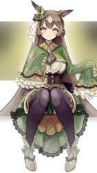  1girl animal_ears ascot black_thighhighs blush braid breasts brown_ascot brown_eyes brown_hair closed_mouth commentary_request double-parted_bangs dress ear_ornament frills green_dress green_jacket hair_between_eyes half_up_braid high-low_skirt highres horse_ears horse_girl jacket kyuusanshiki long_hair long_sleeves looking_at_viewer multicolored_hair satono_diamond_(natural_brilliance)_(umamusume) satono_diamond_(umamusume) shoes sitting sleeves_past_fingers sleeves_past_wrists smile solo streaked_hair thigh-highs umamusume very_long_hair white_shoes 