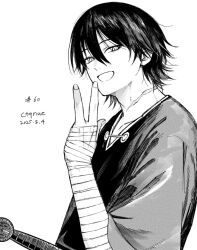  1boy :d artist_name bandaged_arm bandaged_hand bandages centuria_(manga) commentary ctqnue dated fewer_digits looking_at_viewer lukas_(centuria) male_focus monochrome scabbard scar scar_on_neck sheath short_hair smile solo sword tunic untranslatable_commentary v weapon 