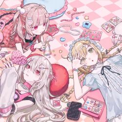  1boy 2girls arm_warmers blonde_hair brown_hair colored_inner_hair crossdressing crossdressing_(mtf) frilled_hairband frills green_eyes grey_hair hair_ornament hairband hairclip hand_mirror highres humhumnko jewelry loser_kings lying makaino_ririmu mirror multicolored_hair multiple_girls necklace nijisanji on_back on_stomach pillow pointy_ears pom_pom_(clothes) pom_pom_hair_ornament quad_braids red_eyes sanya_(nijisanji) second-party_source smile trap two-tone_hair two_side_up unworn_jewelry unworn_necklace upper_body uzuki_kou virtual_youtuber 
